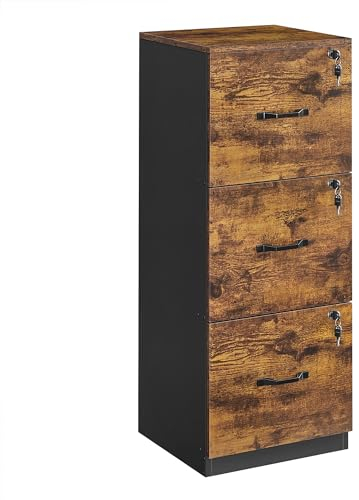 VASAGLE Aktenschrank, Büroschrank für Homeoffice, Druckerständer, mit 3 abschließbaren Schubladen, verstellbare Hängestange, für A4- und Letter-Formate, vintagebraun-schwarz OFC055B01