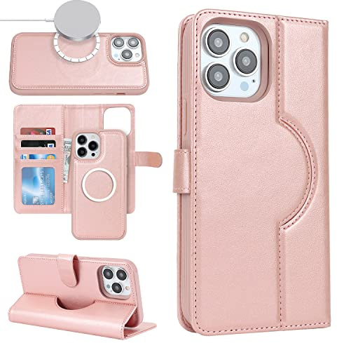 Cavor iPhone 15 Pro Max Flip Leather Wallet Case With Card Holders, Magsafe, Detachable 2 in 1, Magnetic Closure - Rose Gold