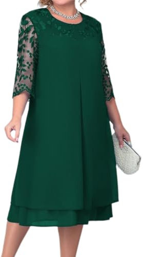 OBEEII Women's Plus Size Chiffon Dress Half Sleeve Round Neck Floral Embroidery Party Wedding Guest Cocktail Dress UK Dark Green 1XL