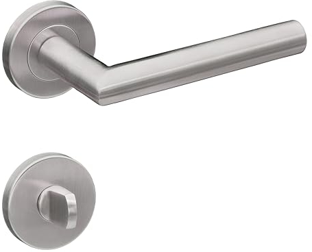 Gavroche Lot de poignées de porte en acier inoxydable pour WC/salle de bain - Poignée de porte pour porte intérieure - Poignée pour porte de chambre avec rosace ronde - Poignée de porte en forme de L