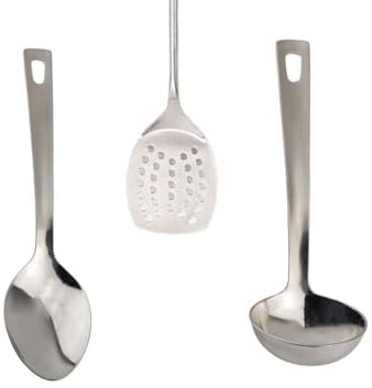 Kitchen Utensils Set Stainless Steel Serving Spoons Utensil Includes A Spoon A Ladle and A Strainer Cooking Tools Multiuses Skimmer Slotted Tool Cookware Spatula with Hanging Hole Silver (Set of 3)