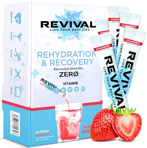Revival Zero Rehydration Electrolytes Powder - Sugar Free Hydration Sachet Drink with Vitamins C, B1, B3, B5, B12-28 Pack Strawberry