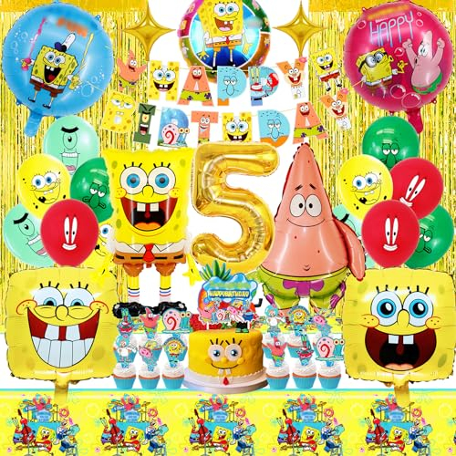 Sponge Geburtstag Deko 5 Jahre, 39 Stück Sponge Luftballon Geburtstag, Liebevoller Unterwasserwelt Party Deko mit Glitzervorhang, Tischtücher, Cartoon Geburtstags Banner, Kuchendeko für Jungen Mädchen