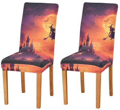 JUMBEAR Stuhlhussen mit Halloween-Hexen im roten Mond, für Esszimmer, dehnbar, abnehmbar, waschbar, Küchenstuhlbezug, dekorativer Sitzschutz, 4 Stück