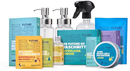 Future Stories Premium Set - Waschmittelstreifen, Spülmaschinen Tabs, Textilerfrischer, Reiniger, Handseife, Duschgel, 2 Reinigungssteine, 4 Spender