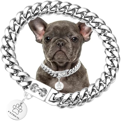 Collar de cadena de plata para perro con placa de perro colgante cubano, collar de cadena de metal de acero inoxidable para mascotas, collares cubanos para perros (24 pulgadas)
