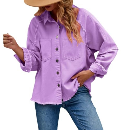 BPKKLLSU Denim Jackets Women Women'S Denim Jacket Long Sleeve Denim Jacket Vintage Washed Denim Jacket-Lilac Colour-L