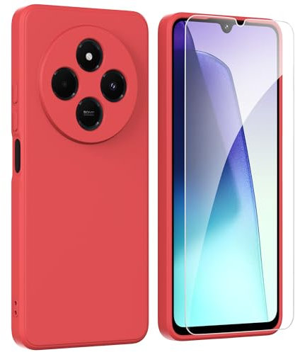ARRYNN Funda para Xiaomi Redmi 14C 4G (6.88) con Cristal Templado Protector de Pantalla,Ultra Slim Protectora Funda de Silicona Líquida Suave Case Cover - Rojodo