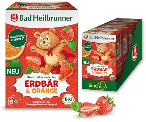 Bad Heilbrunner Bio Bärenstarker Kindertee Erdbär & Orange – Bio-Früchtetee mit Erdbeer und Orange, mit natürlichem Vitamin C, speziell für Kinder entwickelt, (5 x 15 Filterbeutel)