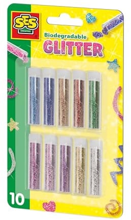 SES Creative 00252 Biodegradable Glitter - 10 Vibrant Colours for Eco-Friendly Crafting - Includes Light Blue, Red, Green, Gold, and More - Safe and Sustainable for Kids Aged 3+