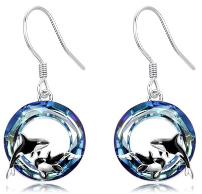 Killerwal-Ohrringe für Damen, 925er Sterlingsilber, Killerwal-Tropfenohrringe mit blauem Kristall, Meerestier-Schmuck, Geschenke für Frauen