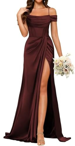 YIANN Robe de demoiselle d'honneur en satin style sirène pour femme avec fente, col bénitier, bretelles spaghetti, robe de bal longue, bordeaux, 38