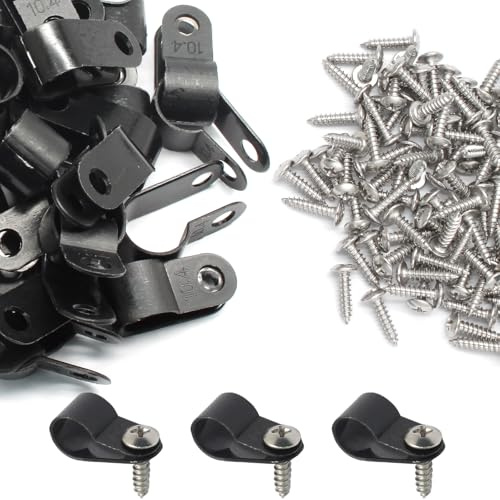 50 Pcs 3/8 Inch Black Nylon Screw Mounting R-type Cable Clip Wire Clamp, 10.4mm Cable Clip Wire Clamp for Wire Management, Stainless Steel Screws Included
