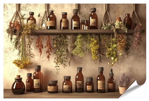 islandburner Poster XXL da farmacia, bottiglie di vetro e erbe secche, per cucina, farmacia attenta alla salute, immagini di alta qualità