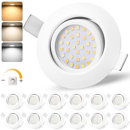GeyouLux LED Einbaustrahler 230V IP44, 65-75mm EinbauØ Dimmbar Deckenspots | 6W 45° Schwenkbar Einbauleuchten 3000K Warmweiß 4000K Neutralweiß 6500K Kaltweiß Ultra Flach Einbauspots, 12er Set Weiß