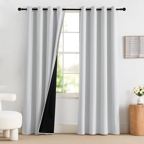 PONY DANCE Abdunkelnde Vorhänge für Schlafzimmer 2er Set H 220 x B 140 cm Grau-weiß, Thermovorhang gegen Kälte Wohnzimmer Gardinen Blickdicht mit Ösen Verdunkelungsvorhang