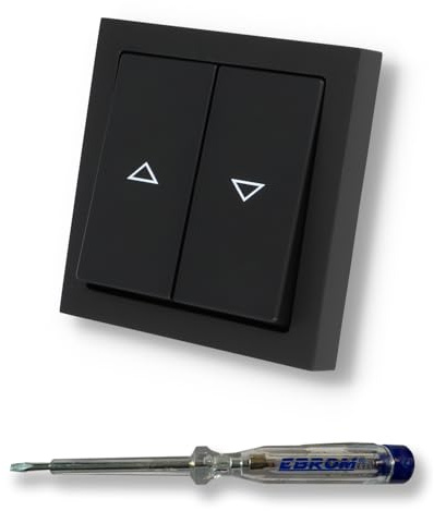 EBROM SET IDEE: BUSCH JÄGER Jalousieschalter Rolladenschalter 2000/4 US (2000/4US) Future Linear schwarz matt Komplettset mit Aufdruck Pfeil auf/ab + EBROM Phasenprüfer zur Montage