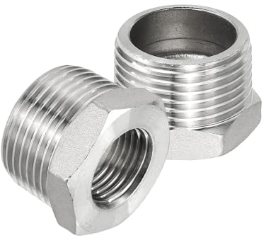 PATIKIL 304 Stainless Steel Reducer Hex Bushing 2 Pcs, 1 BSPT Male to 1/2 BSPT Female Pipe Reducing Adapter Fitting Connector for Water Gas Hydraulic Pipes Shower Hose, Silver