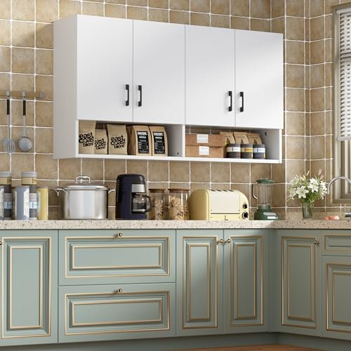 MSFE Armario Cocina Pared, Escurreplatos de Pared con LED, Armario Colgante con 3 Estantes, 2 Puertas, Mucho Espacio, Mueble Superior con Dos Puertas, Mueble Alto Cocina, 122 x 68 x 25 cm