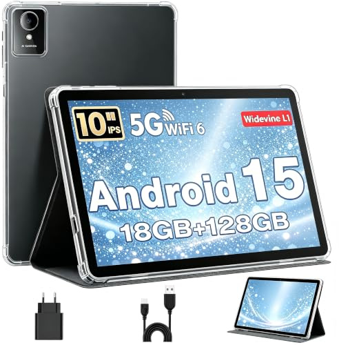 Tablet 10 Pollici, Tablet Android 15 con Cover, Unisoc T30 Quad-Core, 18 GB RAM + 128 GB ROM + 1 TB TF, Display HD IPS 1280x800, Fotocamera Doppia 5MP + 8MP, 6000 mAh, WiFi 6, BT 5.0, GPS (Nero)