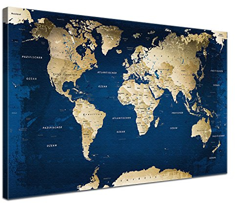 Stilvolle Pinnwand Weltkarte - Ocean - Deutsch in 100 x 70 cm, stabile Rückwand zum Pinnen inkl. Starterkit - Leinwand-Kunstdruck Wandbild Landkarte XXL