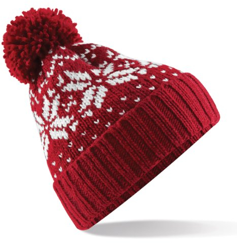 Beechfield Wintermütze Schneeflocken „Fair Isle“, Unisex Gr. Einheitsgröße, rot / weiß