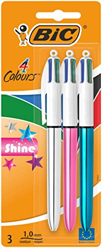 BIC 4 Farben Kugelschreiber Set 4 Colours Shine, Schaft in verschiedenen Farben, 3er Pack, nachfüllbar, Ideal für das Büro, das Home Office oder die Schule