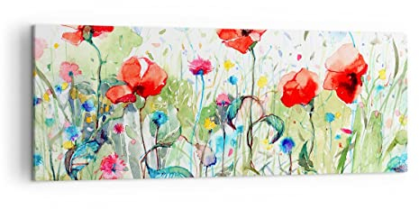 Panorama Bilder auf Leinwand Blumen Wiese Blatt Natur Leinwandbild 140x50cm Wandbilder Dekoration Wohnzimmer Schlafzimmer Groß XXL Wanddeko Bild Wand Kunstdruck Art Wall Decor Canvas AB140x50-3076