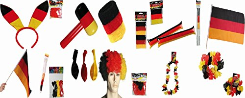 Windworks Fussball Fan-Paket XXL 1x Perücke,1x Bunny Haareif 1x Deutschland Flagge 60x90cm 1x Deutschland Flagge 30x46cm 1x Hammer 1x Klatschstange (Paar) 1x Armreif (Paar) 1x Aloha Kranz 1x Schweissband (Paar) 1x Luftballoons (30 Stueck)