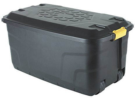 Strata Product Code: UKB3412 145 Litre Storemaster Heavy Duty Plastic Smart BoxTrunk Lid & Clip lock Top Black Wheeled