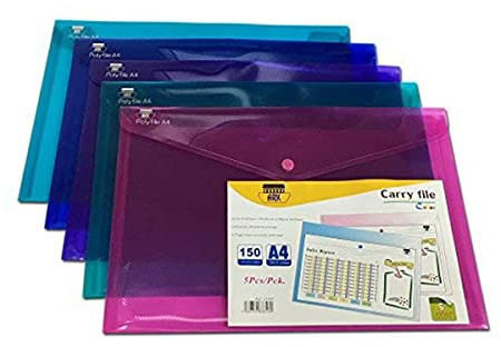 ARK Carry File Popper Wallet File with Press Stud Closure [Pack of 5] (Electra Assorted, A4)