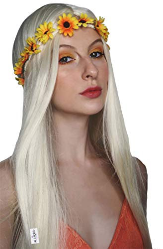 ALLAURA Blonde Barbi Perücke für Damen Barbieee Kostüm Lang Blond mit Blume Stirnband Kostüm - Hippie Perücken für Damen 70er Jahre Kostüm + Abnehmbare Blume Stirnband Perücke Lang Blonde Perücke