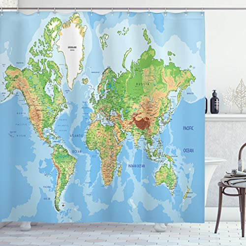 ABAKUHAUS Weltkarte Duschvorhang, Topographische Bildung, Stoffliches Gewebe Badezimmerdekorationsset mit Haken, 175 x 220 cm, Grün Blau