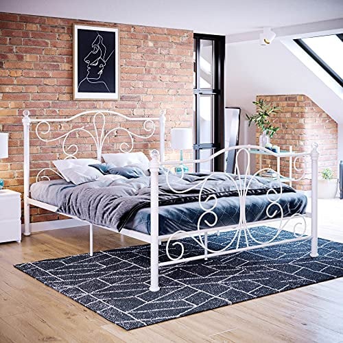 Vida Designs Chicago Double Bed, 4ft6 Bed Frame Metal Headboard High Foot End Bedroom Furniture, White