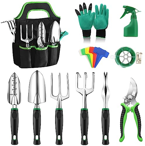 Anykuu Set di Attrezzi da Giardino 21 Pezzi Utensili da Giardino con Borsa da Giardino Attrezzi da Giardinaggio Gegali da Giardino per Uomo Donna in Alluminio, Multicolore