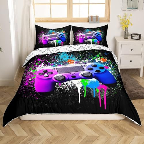 Gaming Bedding Set Colorful Tie dye Comforter Cover,Gamepad Duvet Cover for Boys,Video Games Double Bedding Gamer Console Action Buttons Bed Cover Teens Kids Bedroom Decor 3 Pcs Bed Collection