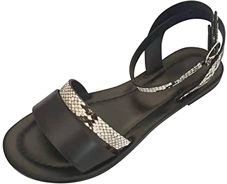 Julhold Flache Sandalen Damen Flache Schnalle Römischer Stil Offene Zehe Atmungsaktive Lässige Sandalen Strandschuhe(Schwarz,39)
