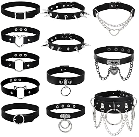 JeweBella 12 Stück Choker Halsband für Damen Frauen Schwarz Punk Choker Herz Gothic Nieten Leder Spikes Rock Kragen Halskette Set für Halloween Cosplay