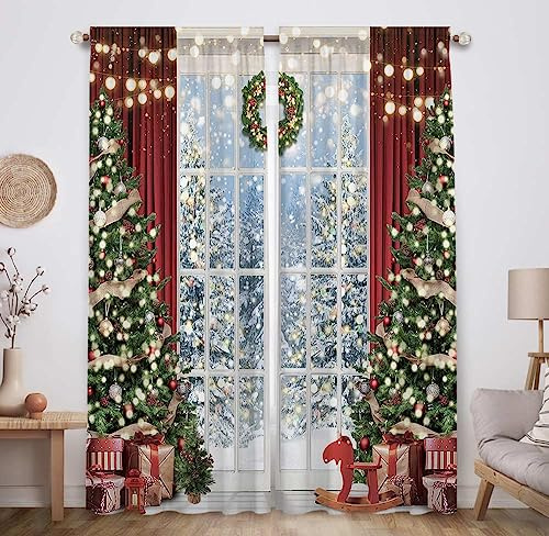 Allenjoy Christmas Window Curtain Winter Xmas Tree Glitter Bokeh Print Curtains Home Decor Rod Pocket Darkening Drapes for Bedroom Living Room 82 in x 84 in