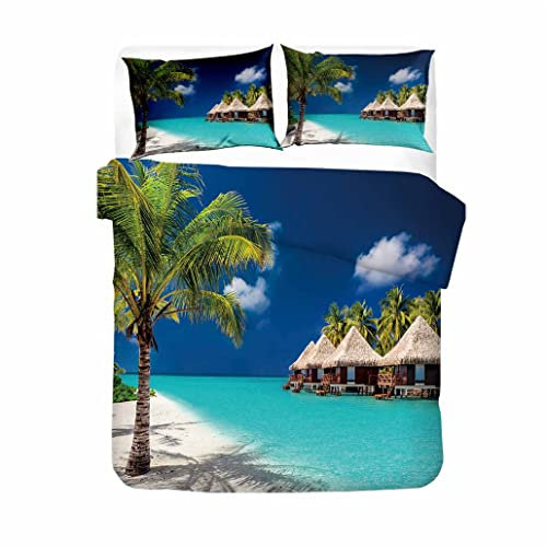 goodbath Single Duvet Cover Set,Ocean Beach Hut Palm Trees Duvet Cover Bedding Set with 1 Pillowcases,2 Pieces