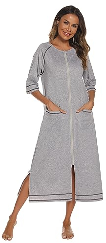 Veseacky Causal House Dress Women O Neck Duster House Coat Robe Zipper Front Sleepdress (Light Grey, XL)
