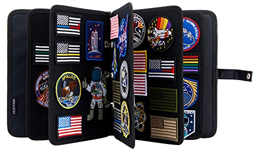 HUHYNN Espositore per toppe, organizer per opuscoli con pagine a scatto, per collezioni di patch con gancio e anello, raccoglitore a 3 anelli con 5 pannelli porta patch (solo borsa) (nero)