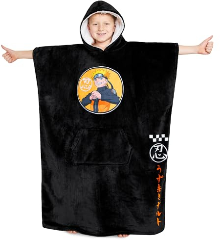 Naruto Pull Plaid Enfant, Sweat Oversize en Polaire Chaud, Sweat Capuche Manga Garcon Taille Unique (Noir)