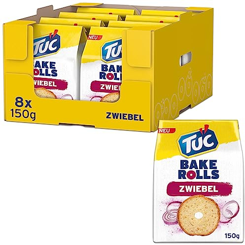 TUC Bake Rolls Zwiebel, Brotchips, 150 g (8er-Pack) | Knusprige Zwiebelgeschmack Brotchips im praktischen 8er-Pack, ideal zum Snacken oder für Parties