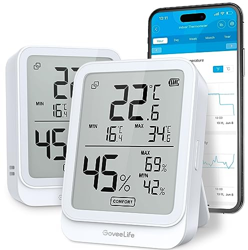GoveeLife Digitales Thermometer-Hygrometer, Bluetooth LCD Feuchtigkeitsmesser, Innenhygrometer mit Benachrichtigungsalarm, Temperaturüberwachung mit App, Datenspeicherung für Zuhause Garage Weinkeller