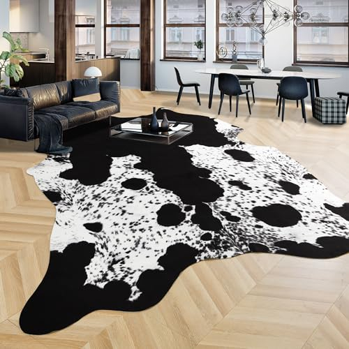 Rostyle Teppich aus Rindsleder, niedlicher Kuhfell-Teppich für Wohnzimmer, Schlafzimmer, Western-Heimdekoration, Kunstfell, Kuhdruck, Schwarz und Weiß