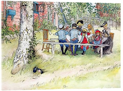 Posterlounge Petit déjeuner sous le grand bouleau Tableau en verre acrylique de Carl Larsson 70 x 50 cm Vert Tableaux Décoration murale