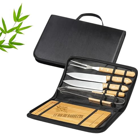 Kit de barbacoa utensilios para personalizar con grabado – Juego de barbacoa de bambú y acero inoxidable [accesorio de barbacoa] (juego de 6 utensilios)
