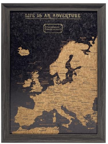 Splosh Reisekarte – Kleine Europakarte als Pinnwand in Schwarz mit Holzrahmen und 100 Pins in 2 Farben zum Markieren vergangener und zukünftiger Abenteuer