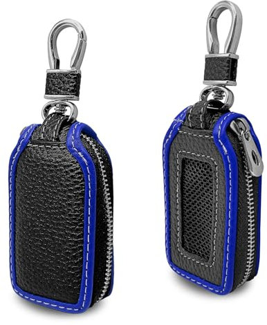 2 fundas protectoras de cuero superior para llave de coche, con cremallera para control remoto inteligente, soporte para llavero de coche con gancho de metal y cremallera, color azul